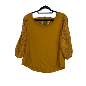 Anthropologie Mustard-Colour Wide-NeckTie-Back Top w/ Lace Sleeves